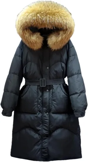 Adhdyuud Women Long Down Jacket Winter Puffer Coat With Belt Thick Warm Hooded Waterproof Parka Big