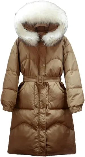 Adhdyuud Women Long Down Jacket Winter Puffer Coat With Belt Thick Warm Hooded Waterproof Parka Big