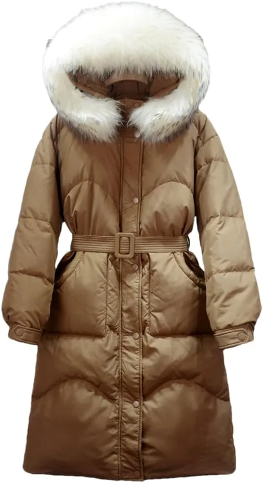 Adhdyuud Women Long Down Jacket Winter Puffer Coat With Belt Thick Warm Hooded Waterproof Parka Big