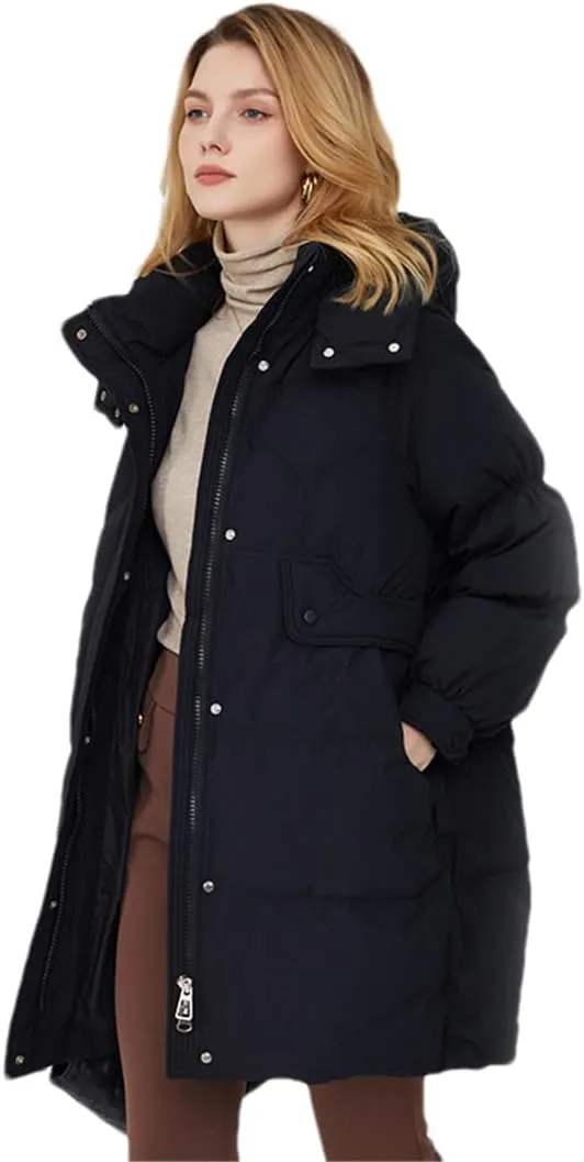 Adhdyuud Women Puffer Warm Jacket Winter Hooded Thick White Duck Down Coat Casual Waterproof Long Parkas