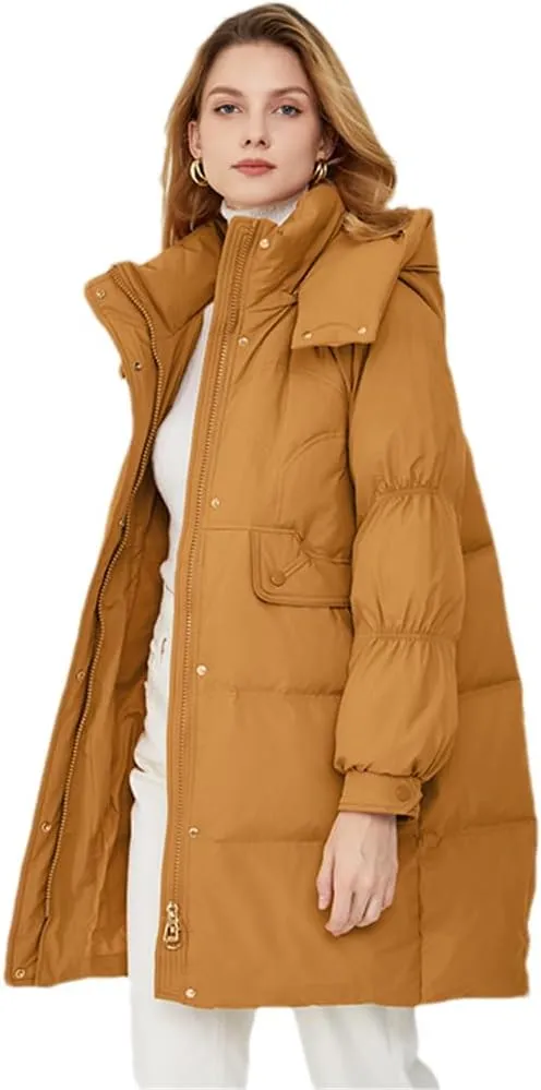Adhdyuud Women Puffer Warm Jacket Winter Hooded Thick White Duck Down Coat Casual Waterproof Long Parkas