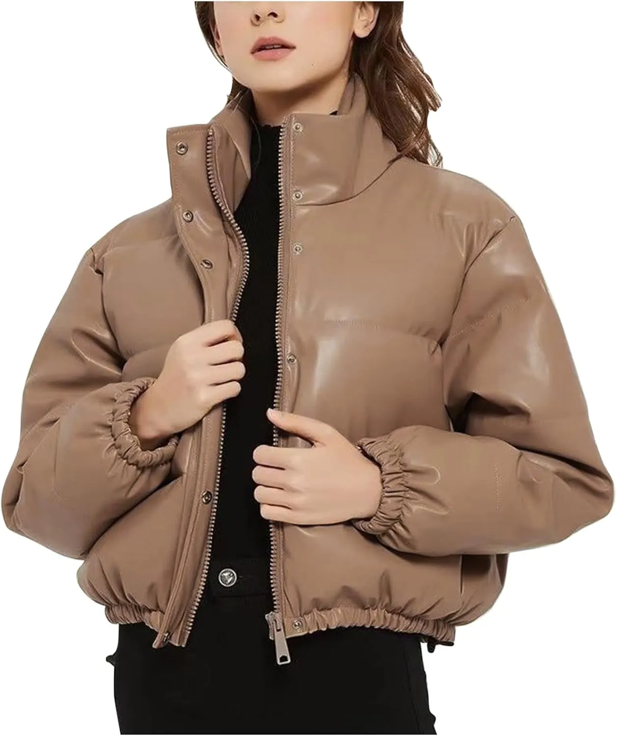 Cropped Puffer Coat For Women Trendy 2023 Quilted Stand Collar Zip Up Short Down Jackets Warm Winter Bubble Coat