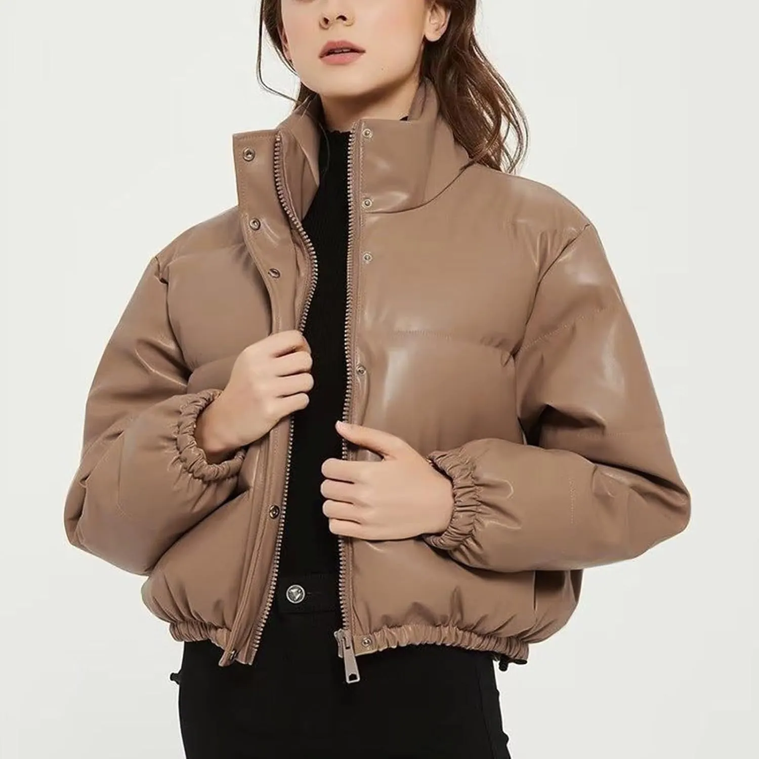 Cropped Puffer Coat For Women Trendy 2023 Quilted Stand Collar Zip Up Short Down Jackets Warm Winter Bubble Coat