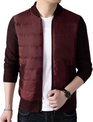 DGHM-JLMY Men's Cashmere Padded Cardigan Jacket Stand Collar Knitted Splice Sweater Thick Slim Fit Full Zip Sweaters Coat