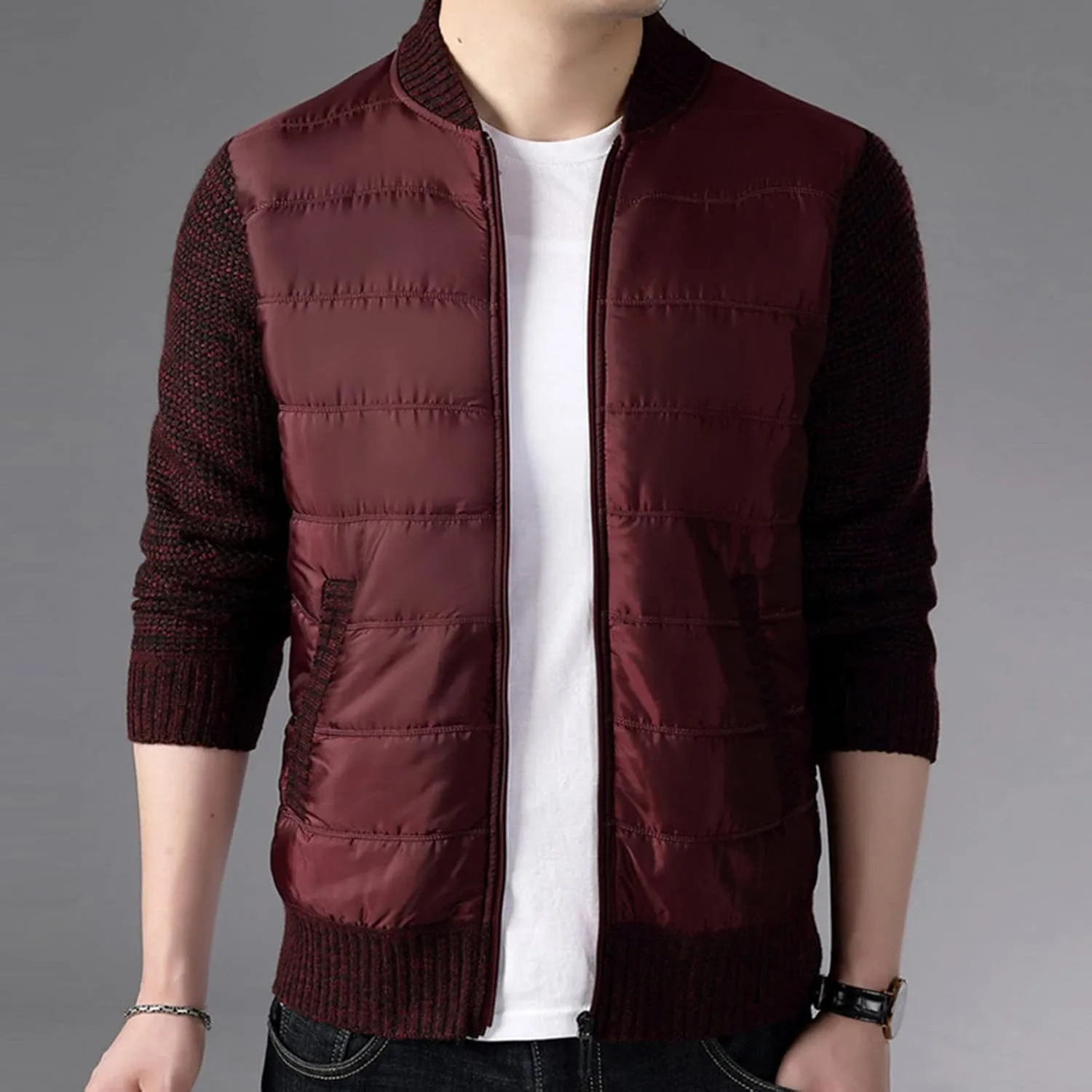 DGHM-JLMY Men's Cashmere Padded Cardigan Jacket Stand Collar Knitted Splice Sweater Thick Slim Fit Full Zip Sweaters Coat