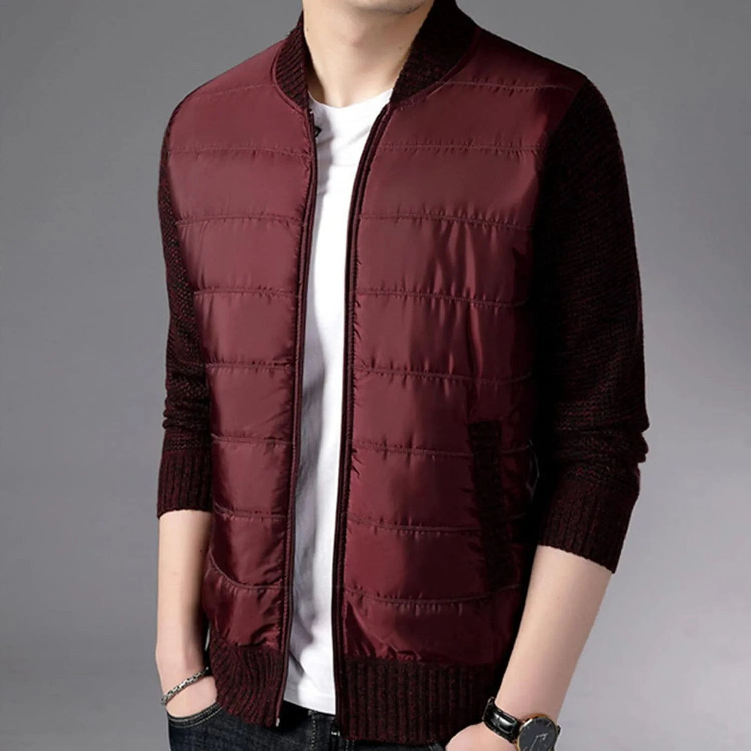 DGHM-JLMY Men's Cashmere Padded Cardigan Jacket Stand Collar Knitted Splice Sweater Thick Slim Fit Full Zip Sweaters Coat