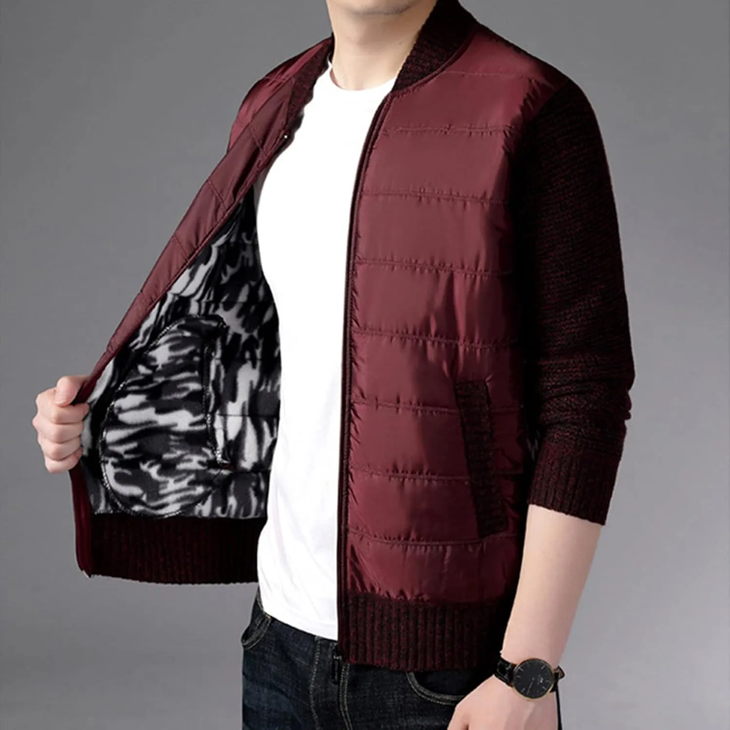 DGHM-JLMY Men's Cashmere Padded Cardigan Jacket Stand Collar Knitted Splice Sweater Thick Slim Fit Full Zip Sweaters Coat