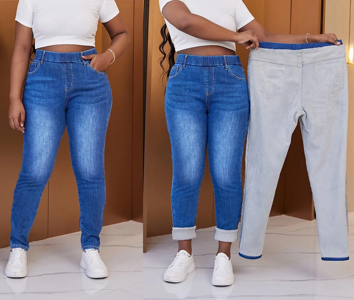heipeiwa Women's Fleece Lined Winter Thermal Elastic Waist Jeans Stretch Warm Skinny Denim Pants