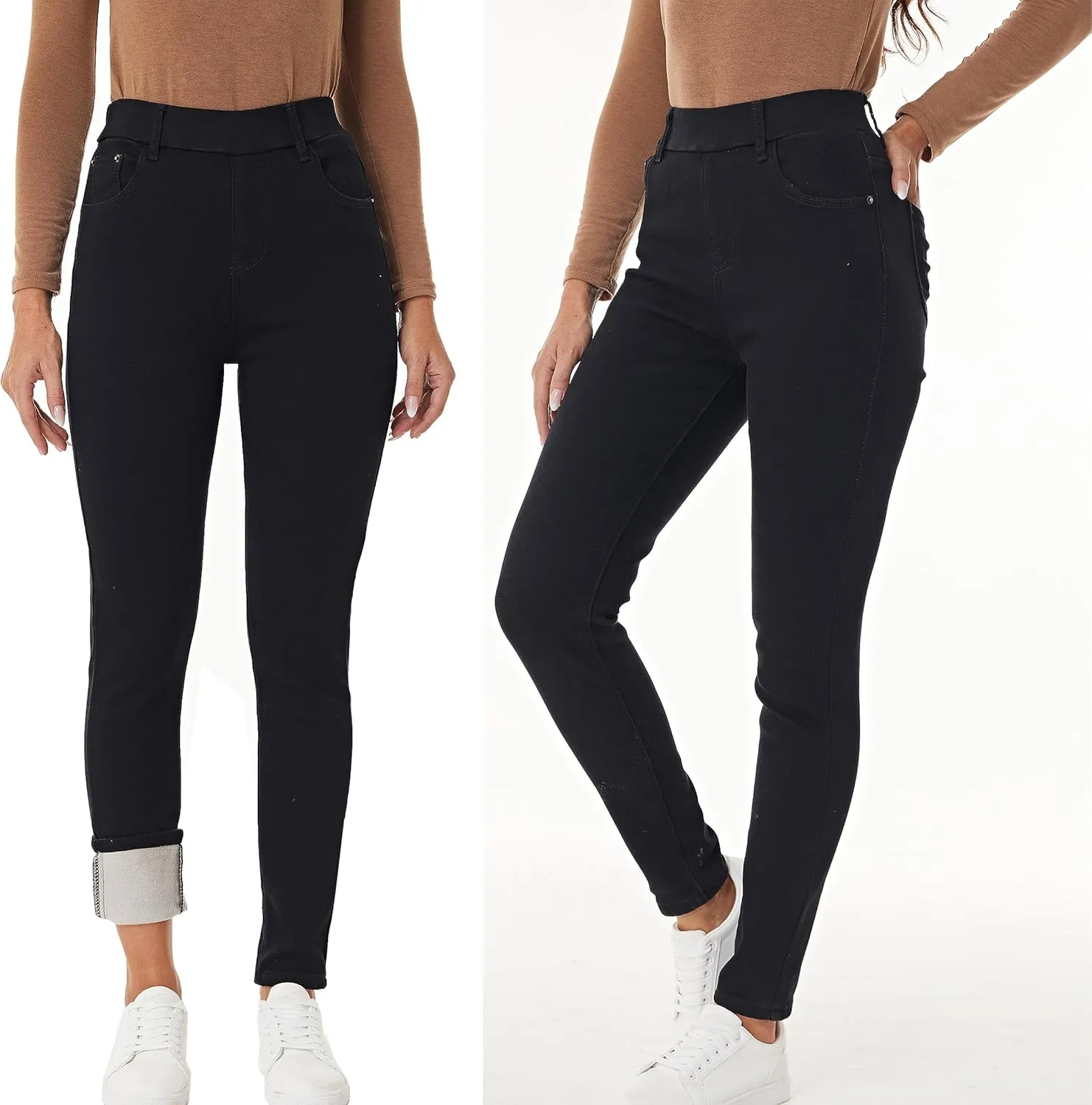 heipeiwa Women's Fleece Lined Winter Thermal Elastic Waist Jeans Stretch Warm Skinny Denim Pants