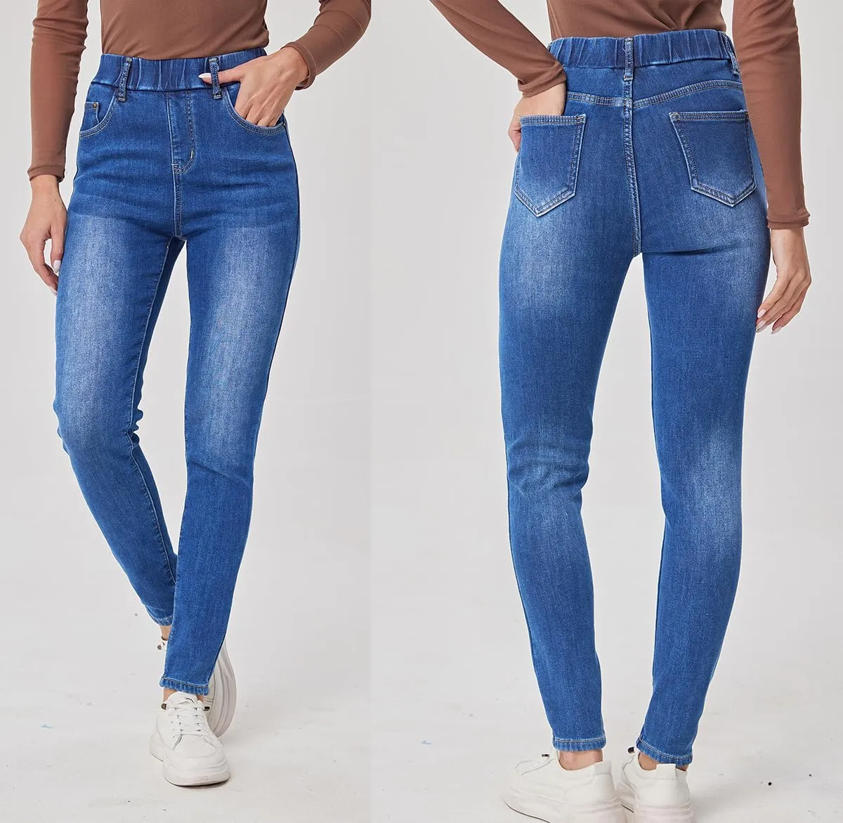 heipeiwa Women's Fleece Lined Winter Thermal Elastic Waist Jeans Stretch Warm Skinny Denim Pants