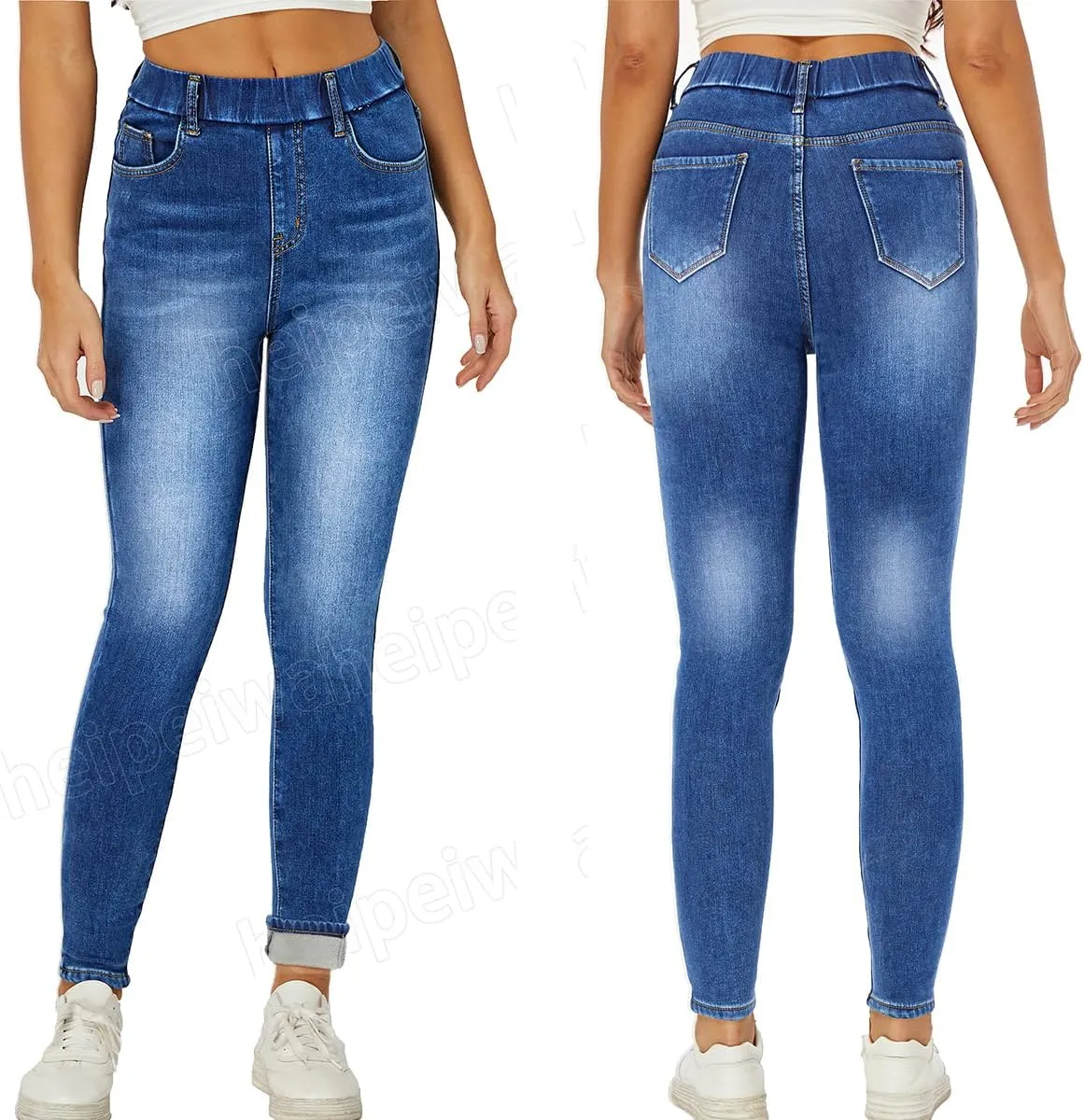 heipeiwa Women's Fleece Lined Winter Thermal Elastic Waist Jeans Stretch Warm Skinny Denim Pants