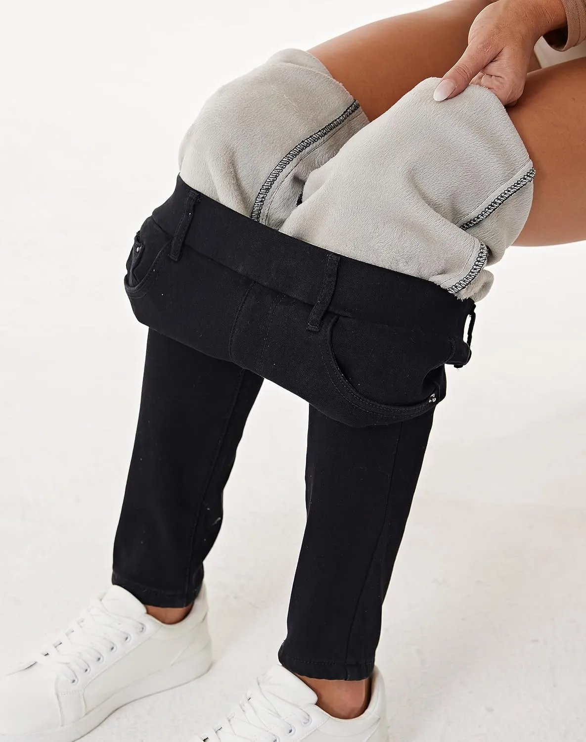 heipeiwa Women's Fleece Lined Winter Thermal Elastic Waist Jeans Stretch Warm Skinny Denim Pants