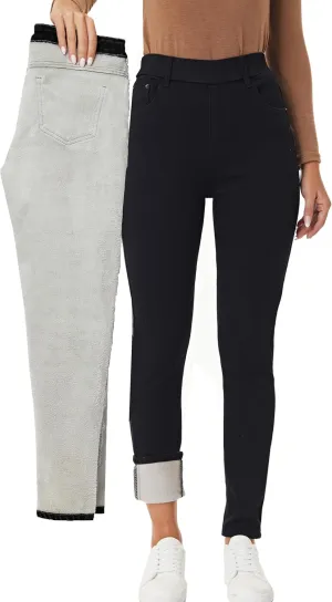 heipeiwa Women's Fleece Lined Winter Thermal Elastic Waist Jeans Stretch Warm Skinny Denim Pants