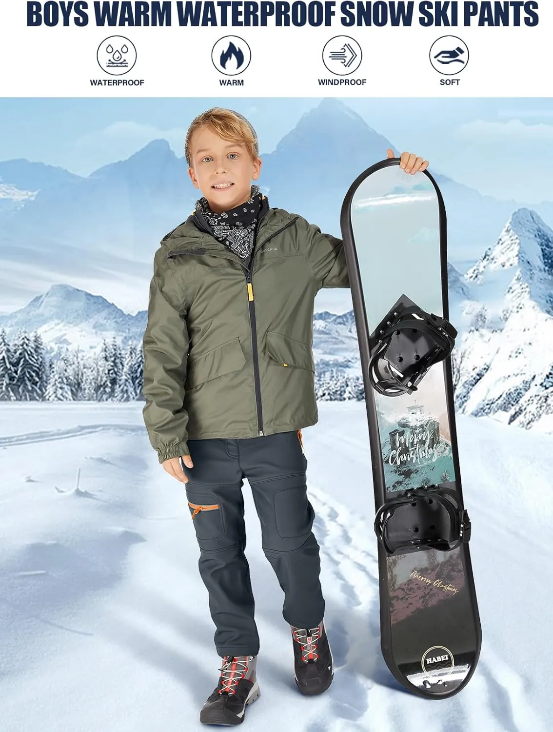 linlon Kids Boy's Snow Waterproof Pants Youth Fleece Lind Hiking Softshell Warm Insulated Trousers