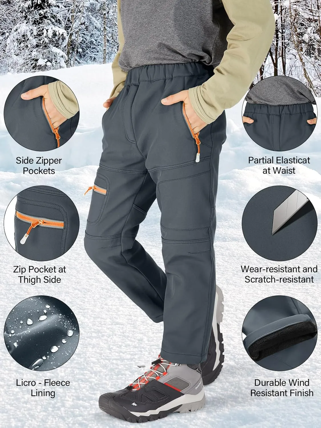 linlon Kids Boy's Snow Waterproof Pants Youth Fleece Lind Hiking Softshell Warm Insulated Trousers
