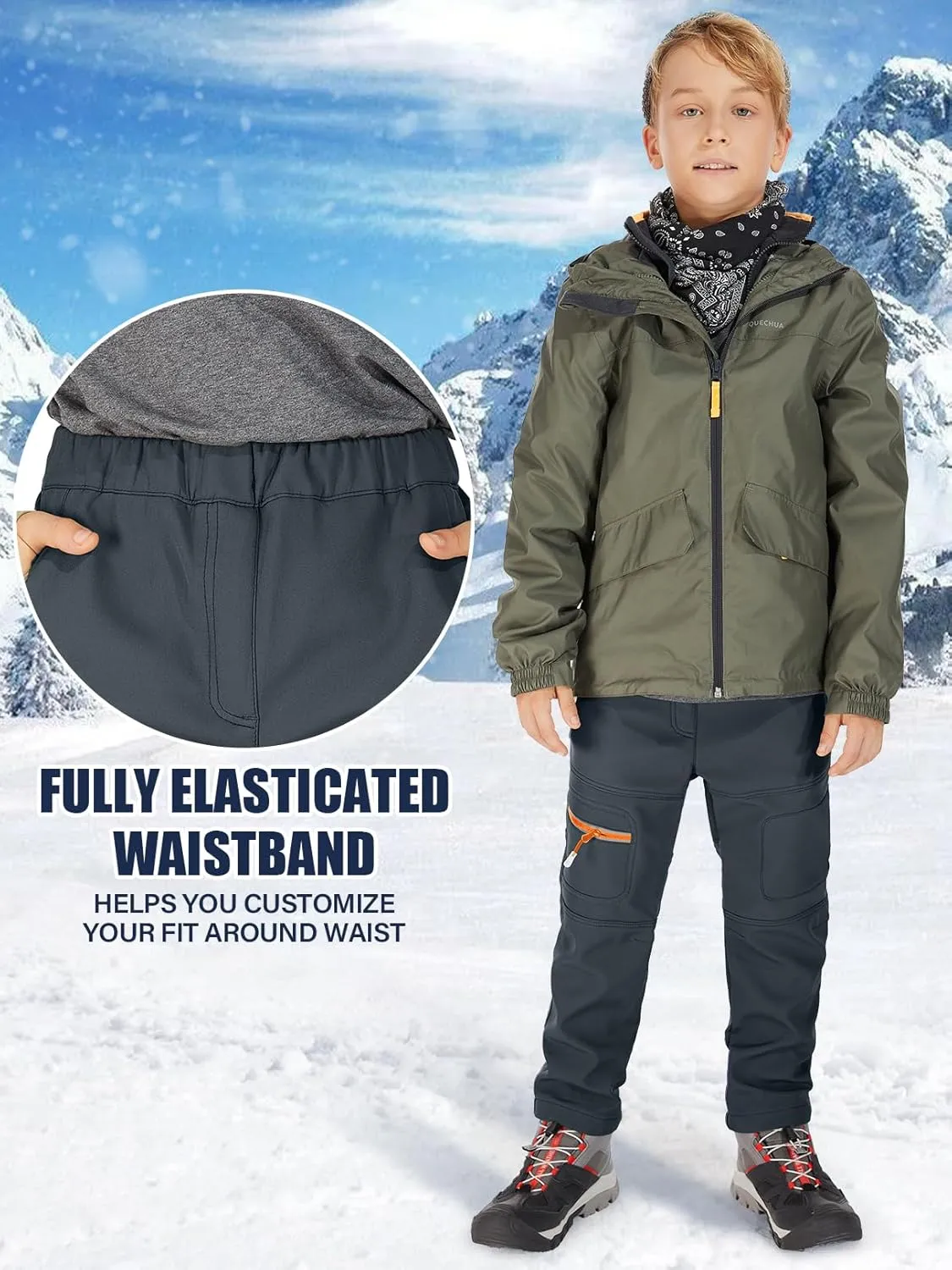 linlon Kids Boy's Snow Waterproof Pants Youth Fleece Lind Hiking Softshell Warm Insulated Trousers