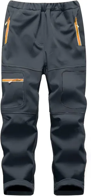 linlon Kids Boy's Snow Waterproof Pants Youth Fleece Lind Hiking Softshell Warm Insulated Trousers