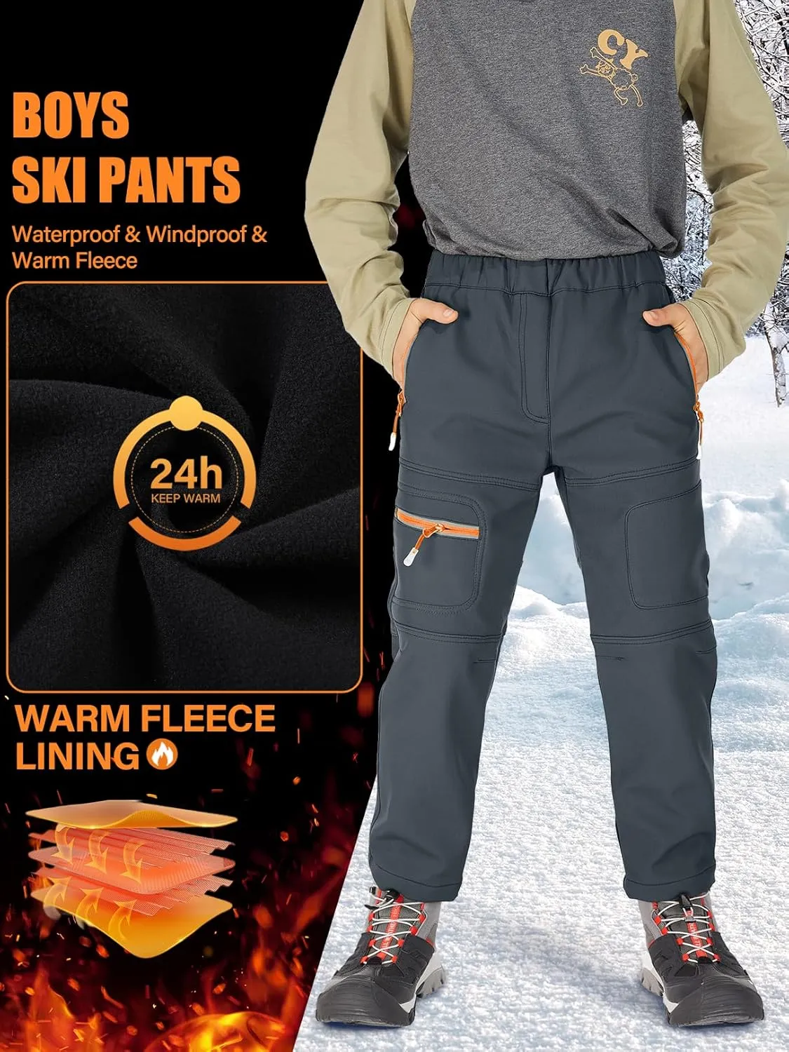 linlon Kids Boy's Snow Waterproof Pants Youth Fleece Lind Hiking Softshell Warm Insulated Trousers