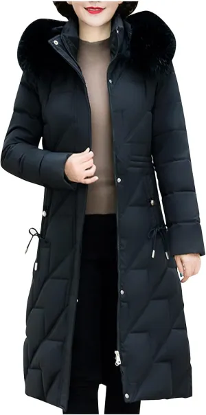 Long Winter Coats for Women Slim Fit Puffer Coat Parka Warm Maxi Down Jacket Faux Fur Collar Hooded Overcoat Thicken