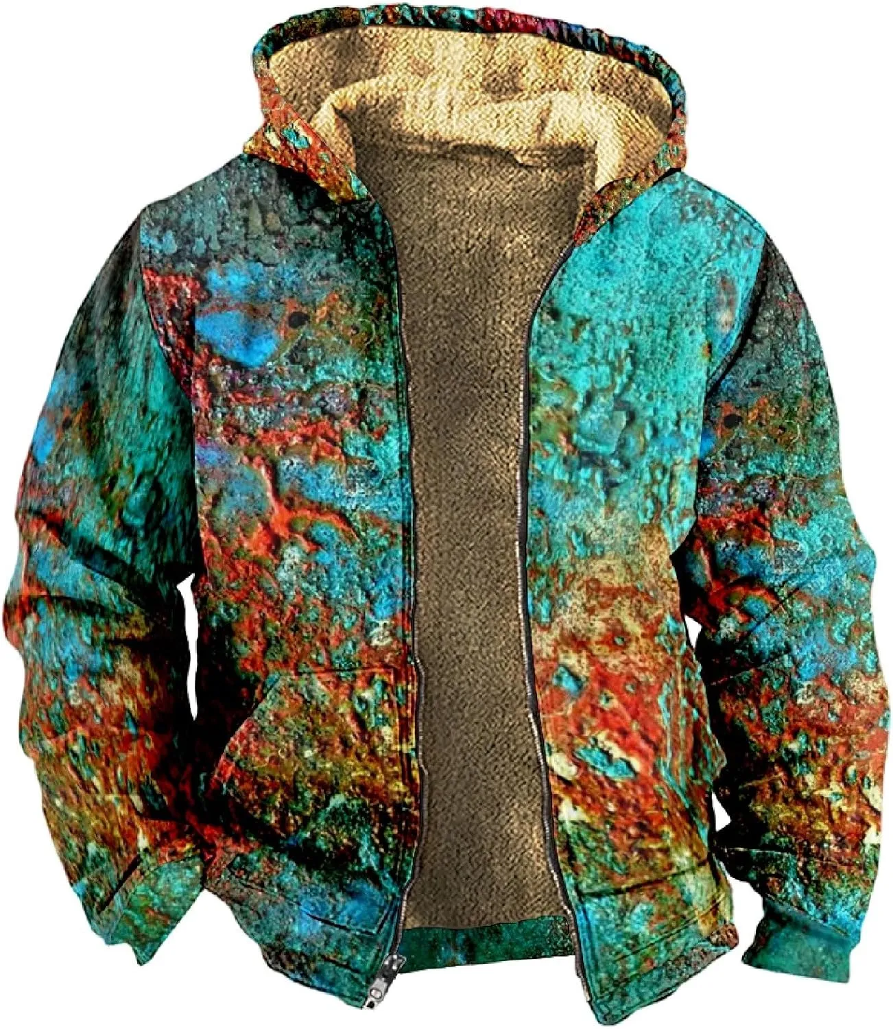 Men Coats Winter With Hood Fleece Lined Zipper Coat Thick Oversized Graphic Sport Jacket
