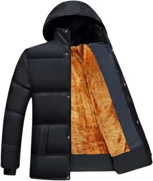 Men's Fleece Lined Puffer Jacket Winter Down Coat with Removable Hood