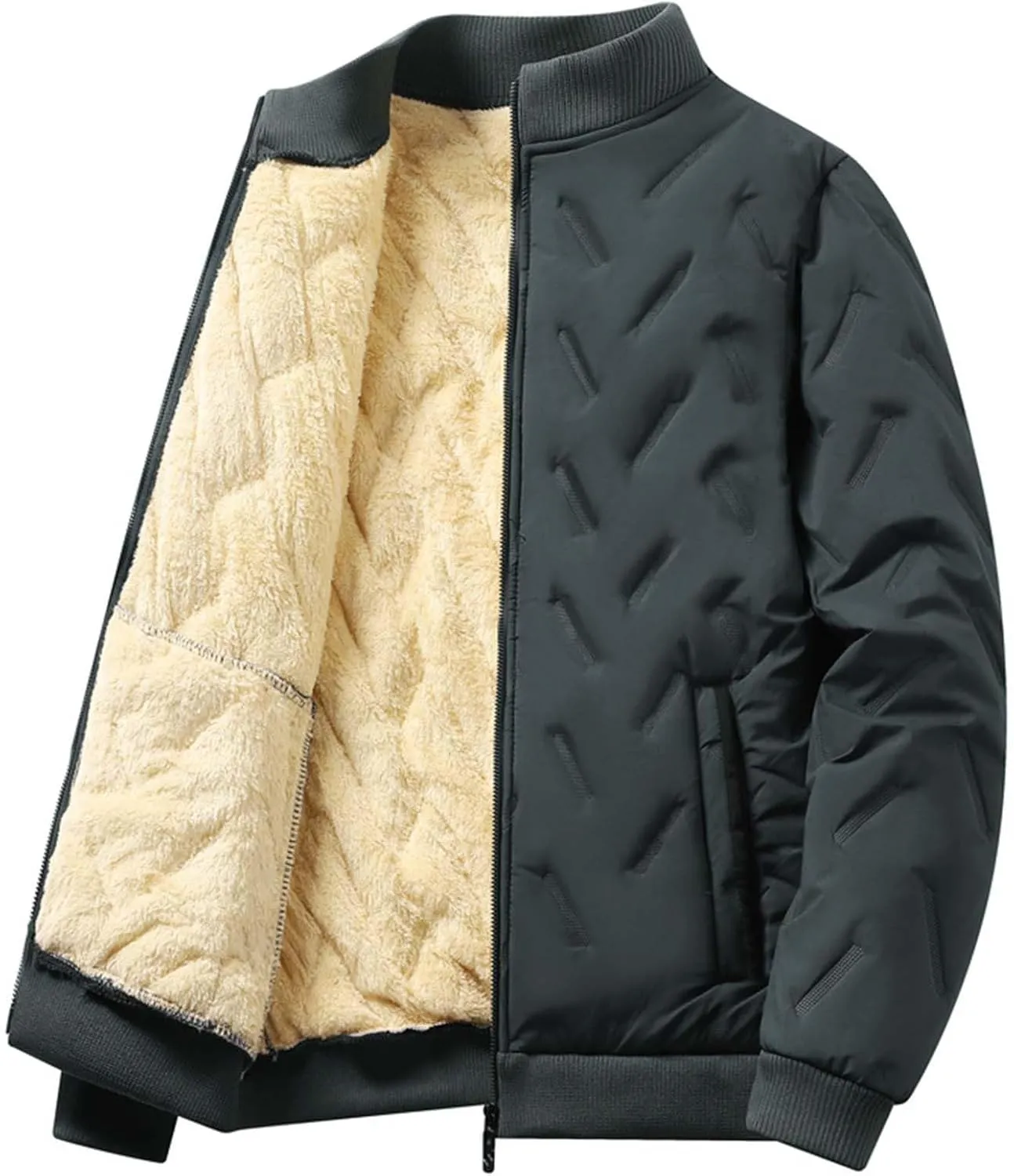 Men's Sherpa Lined Bomber Jacket Casual Stand Collar Diamond Jackets Zip Up Long Sleeve Baseball Outwears