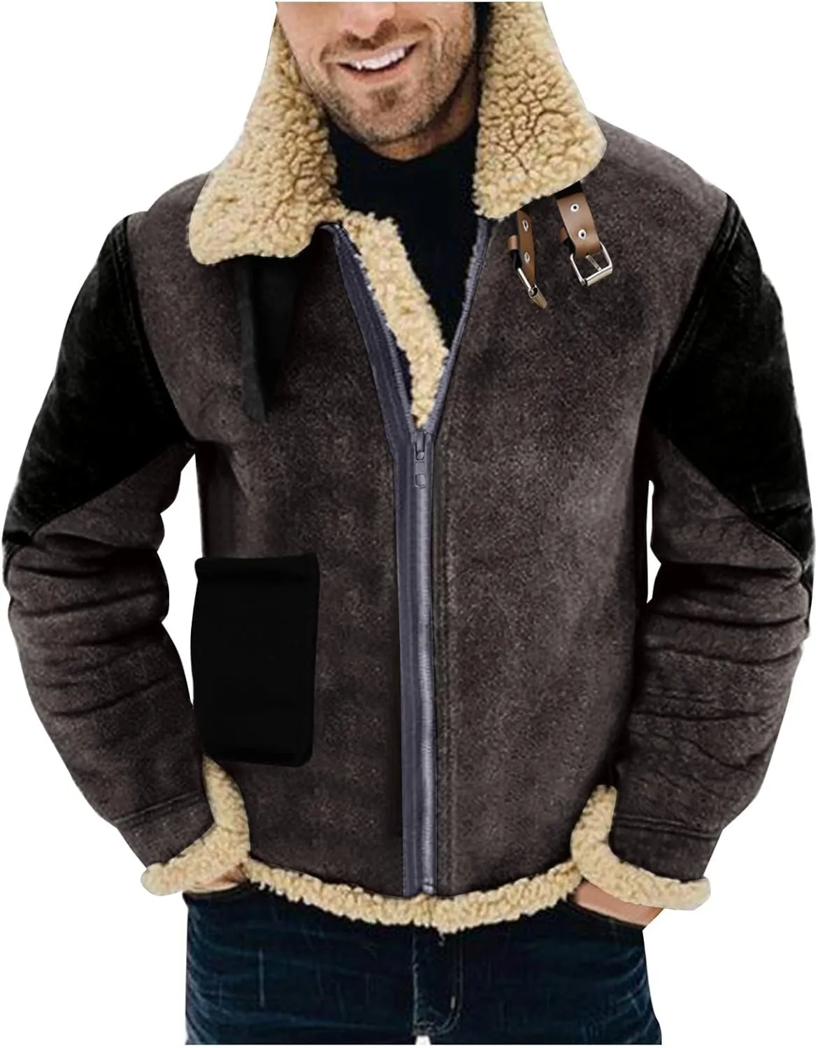 Mens Winter Coats, Mens Vintage Bomber Jacket Sherpa Lined Heavyweight Shearing Coat Baggy Thick Fleece Jackets