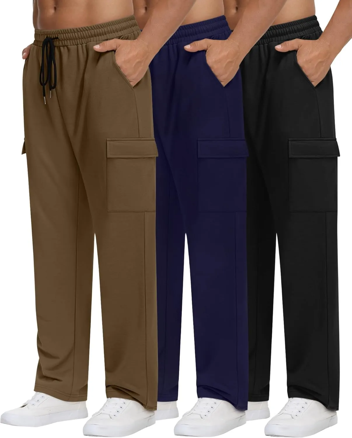 Neer 3 Pack Men's Cargo Sweatpants Baggy Open Bottom Straight Leg Drawstring Joggers Casual Lounge Pants with Pockets