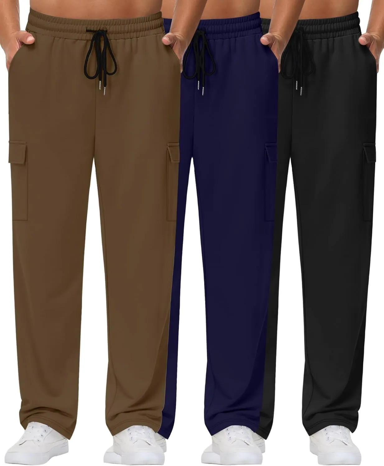 Neer 3 Pack Men's Cargo Sweatpants Baggy Open Bottom Straight Leg Drawstring Joggers Casual Lounge Pants with Pockets