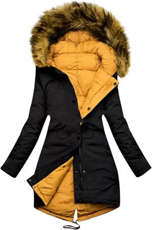 Parkas for Women Winter Warm Down Jackets Long Quilted Coat Casual Puffer Jacket Zip Up Thicken Outwear with Fur Hood