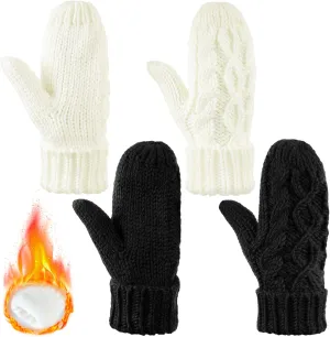 SATINIOR 2 Pairs Winter Gloves for Women Thick Warm Soft Plush Convertible Flip Top Mittens Full Finger Gloves for Girls(Simple Style,White, Black)