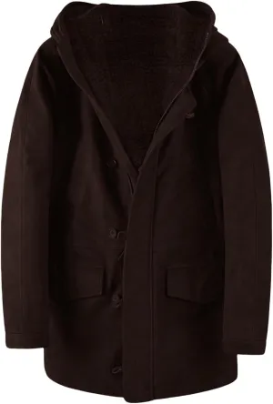 Shearling Leather Coat Men Suede Sherpa Lined Sheepskin Jacket With Hood Winter Fleece Coat Button Zipper Warm Outwear