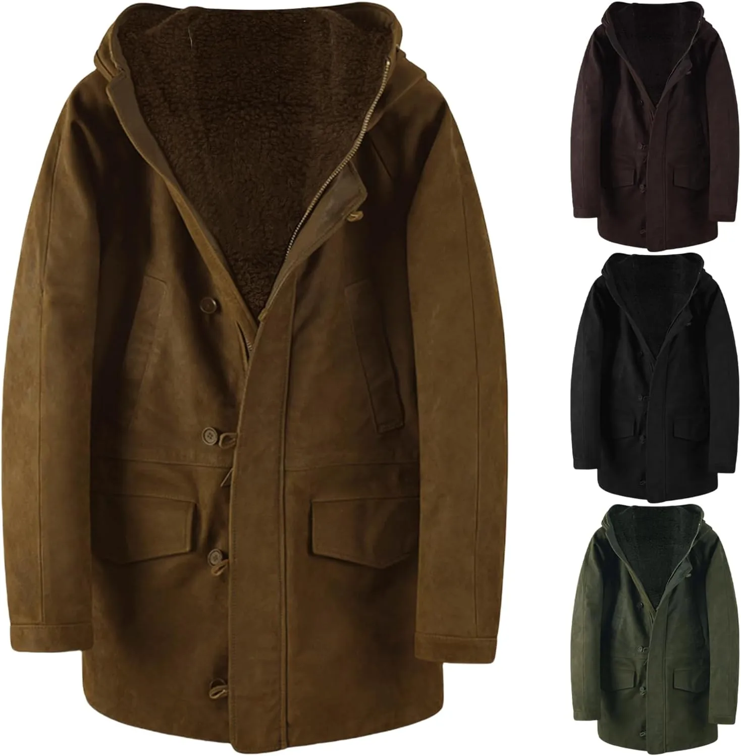 Shearling Leather Coat Men Suede Sherpa Lined Sheepskin Jacket With Hood Winter Fleece Coat Button Zipper Warm Outwear
