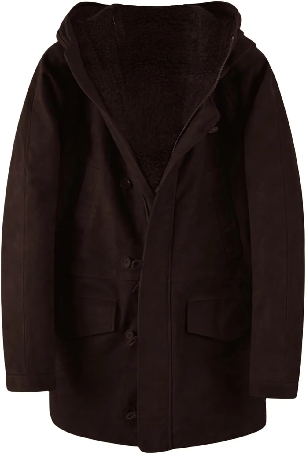Shearling Leather Coat Men Suede Sherpa Lined Sheepskin Jacket With Hood Winter Fleece Coat Button Zipper Warm Outwear