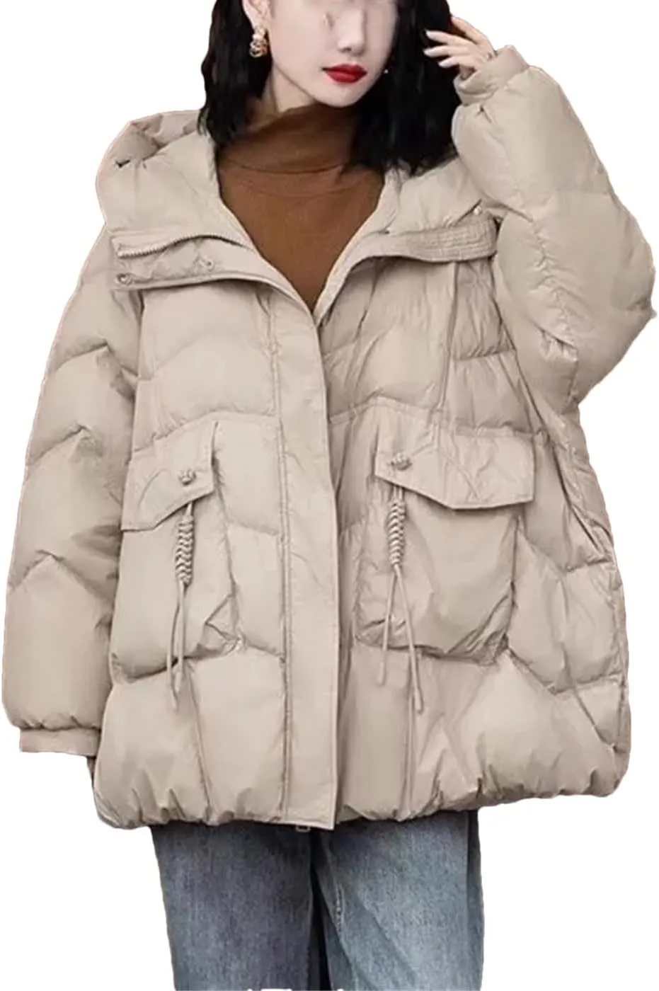 Winter Vintage Loose Casual Jacket Mid-Long Hooded Warm Puffer Coat Female Duck Down Jacket