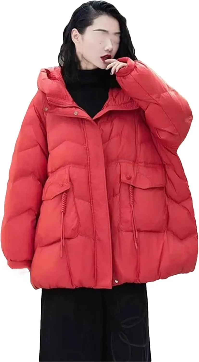 Winter Vintage Loose Casual Jacket Mid-Long Hooded Warm Puffer Coat Female Duck Down Jacket