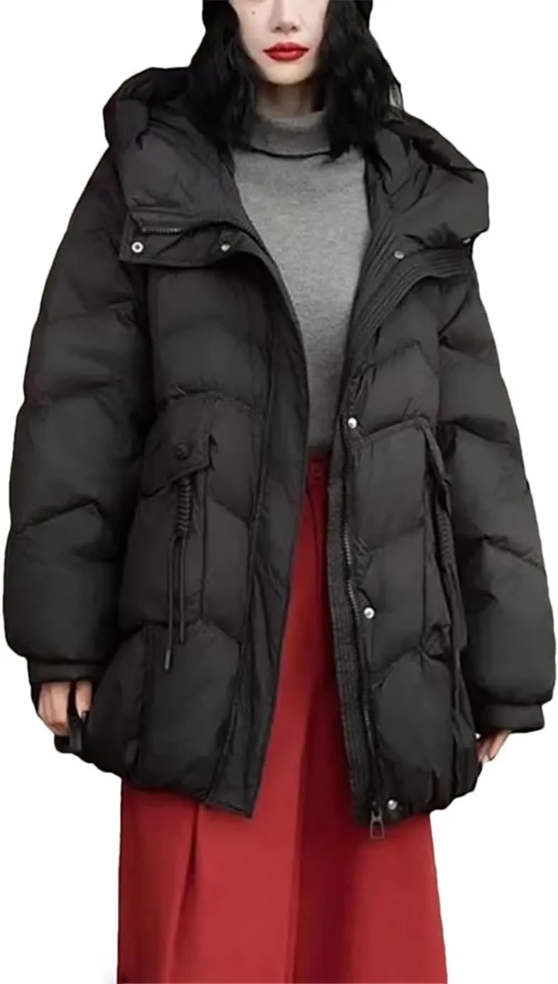 Winter Vintage Loose Casual Jacket Mid-Long Hooded Warm Puffer Coat Female Duck Down Jacket
