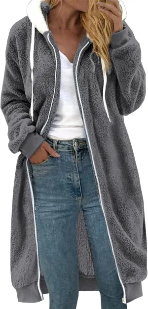 Women Long Sherpa Jacket Plus Size Chunky Warm Full Zip Fuzzy Fleece Hooded Coat Long Sleeve Fluffy Winter Outerwear
