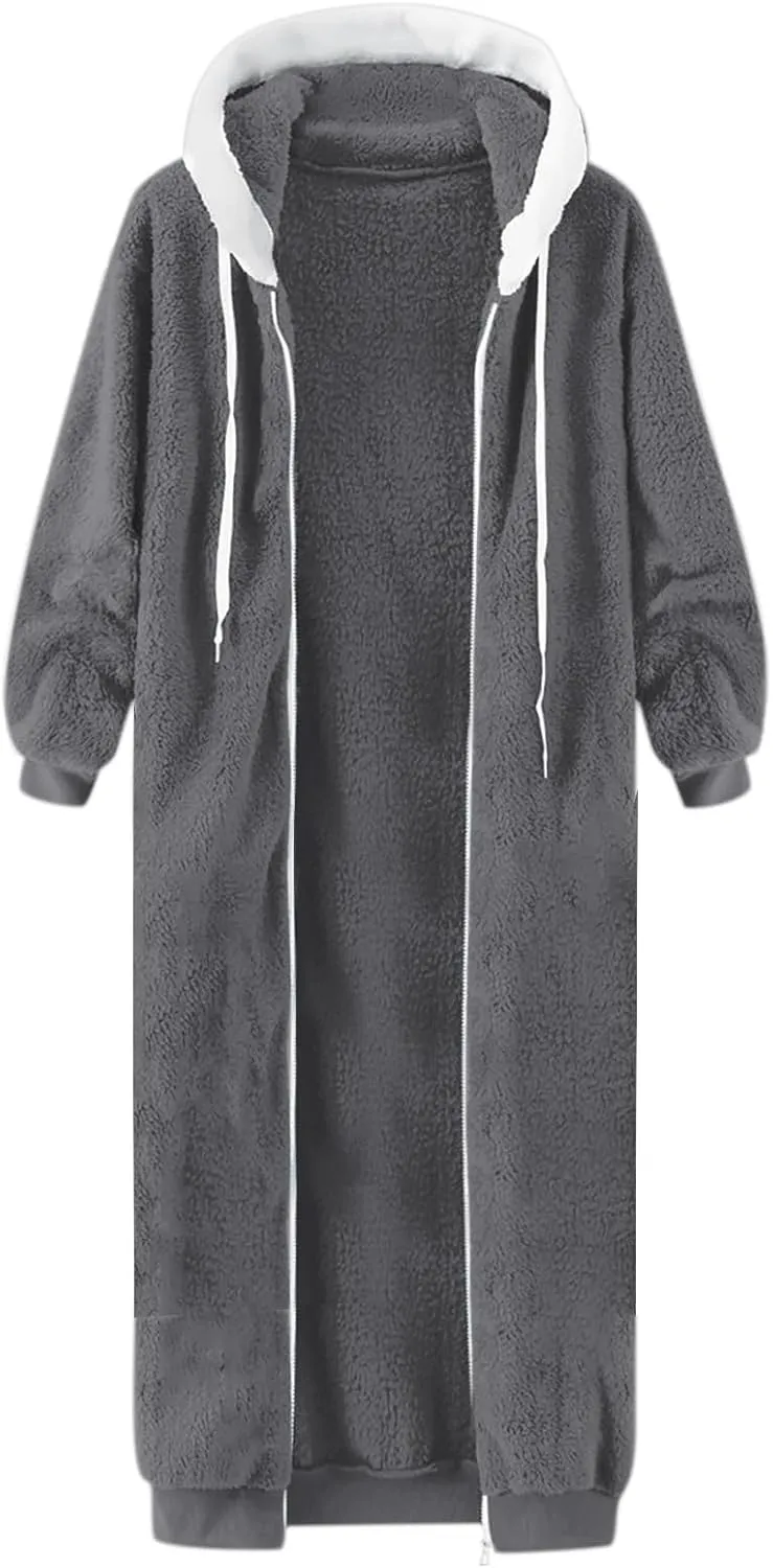 Women Long Sherpa Jacket Plus Size Chunky Warm Full Zip Fuzzy Fleece Hooded Coat Long Sleeve Fluffy Winter Outerwear