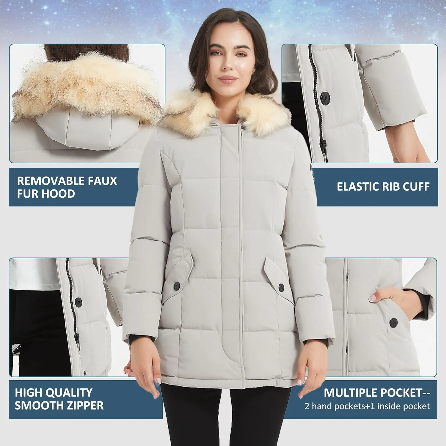 Women's Padded Jacket, Ladies Fur Hooded Thickened Vegan Down Long Parka Winter Outwear Warm Puffer Coat XS-XXL
