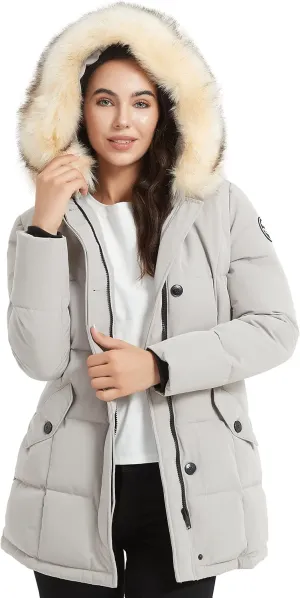Women's Padded Jacket, Ladies Fur Hooded Thickened Vegan Down Long Parka Winter Outwear Warm Puffer Coat XS-XXL