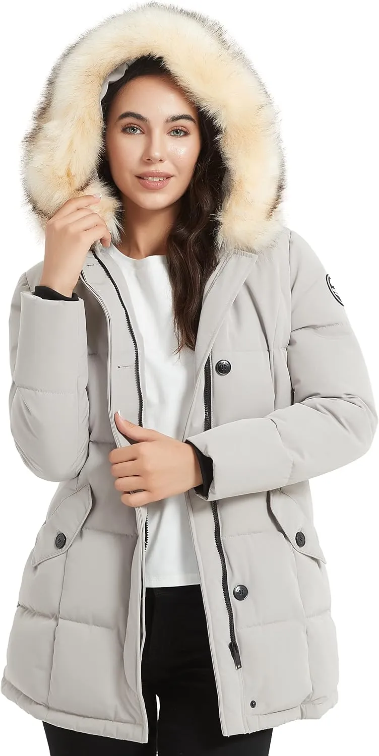 Women's Padded Jacket, Ladies Fur Hooded Thickened Vegan Down Long Parka Winter Outwear Warm Puffer Coat XS-XXL